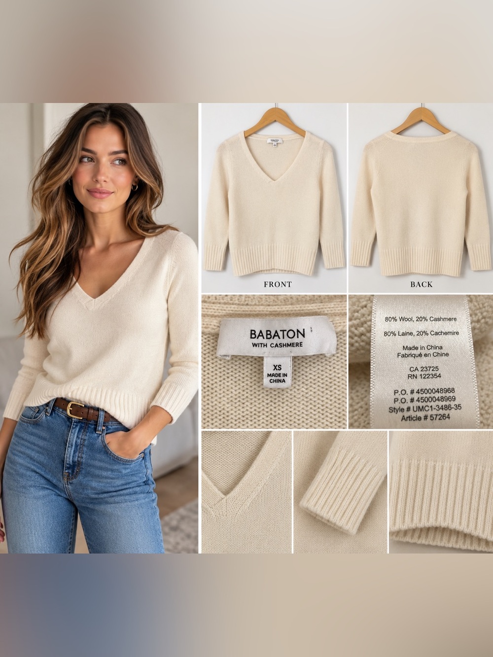 Aritzia BABATON $148 Wool Cashmere V-Neck Sweater XS Ivory #109